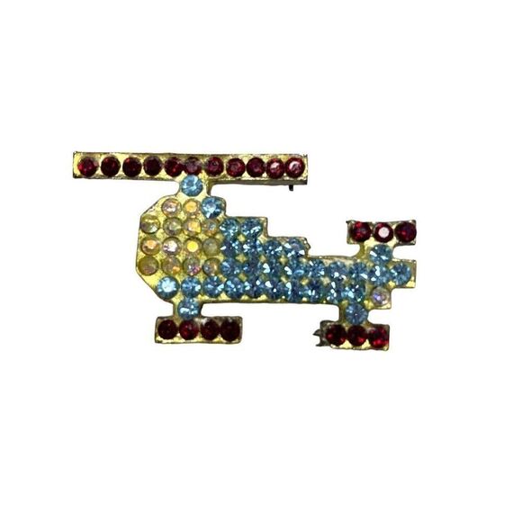 Vintage Idemaria 1" Blue/Red Helicopter Rhinestone Brooch - Picture 1 of 5